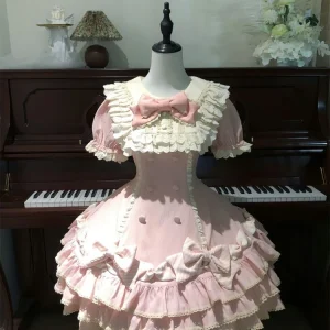 Japanese Sweet Lolita Kawaii Short Dress Women Pink Princess Y2k Bow Ruches Slim Dresses Female Korea Style Design Chic Outfits