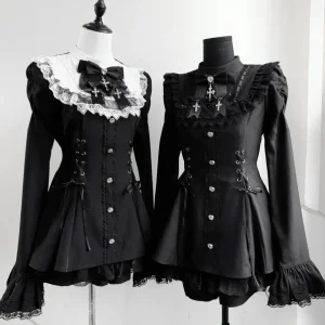 Y2k Aesthetic Lolita Style Bow Dress Shorts Set Japanese Women Gothic Lace Flare Sleeve Button Shirt Dress Punk Party Mini Dress