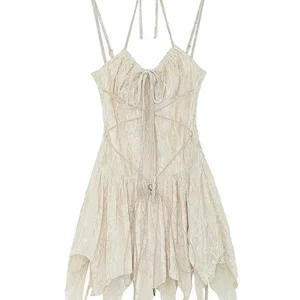 Fashion Irregular V-Neck Women Slim Suspender One-Piece Summer A-Line Tie Up Gothic Y2K Pleated Female Dress Bandage Design Chic